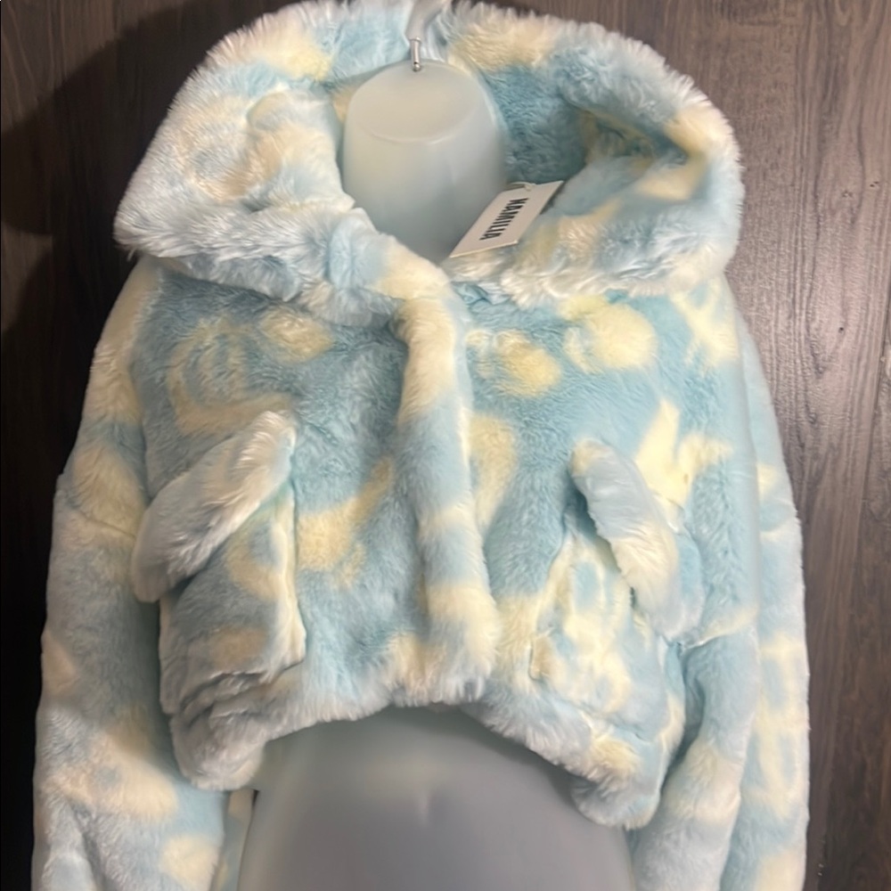 Blue and Cream Faux Fur Cropped Jacket